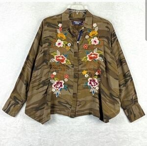 Johnny Was Esmerelda Bolero Shirt Womens M Brown Camo Silk Embroidered Boho